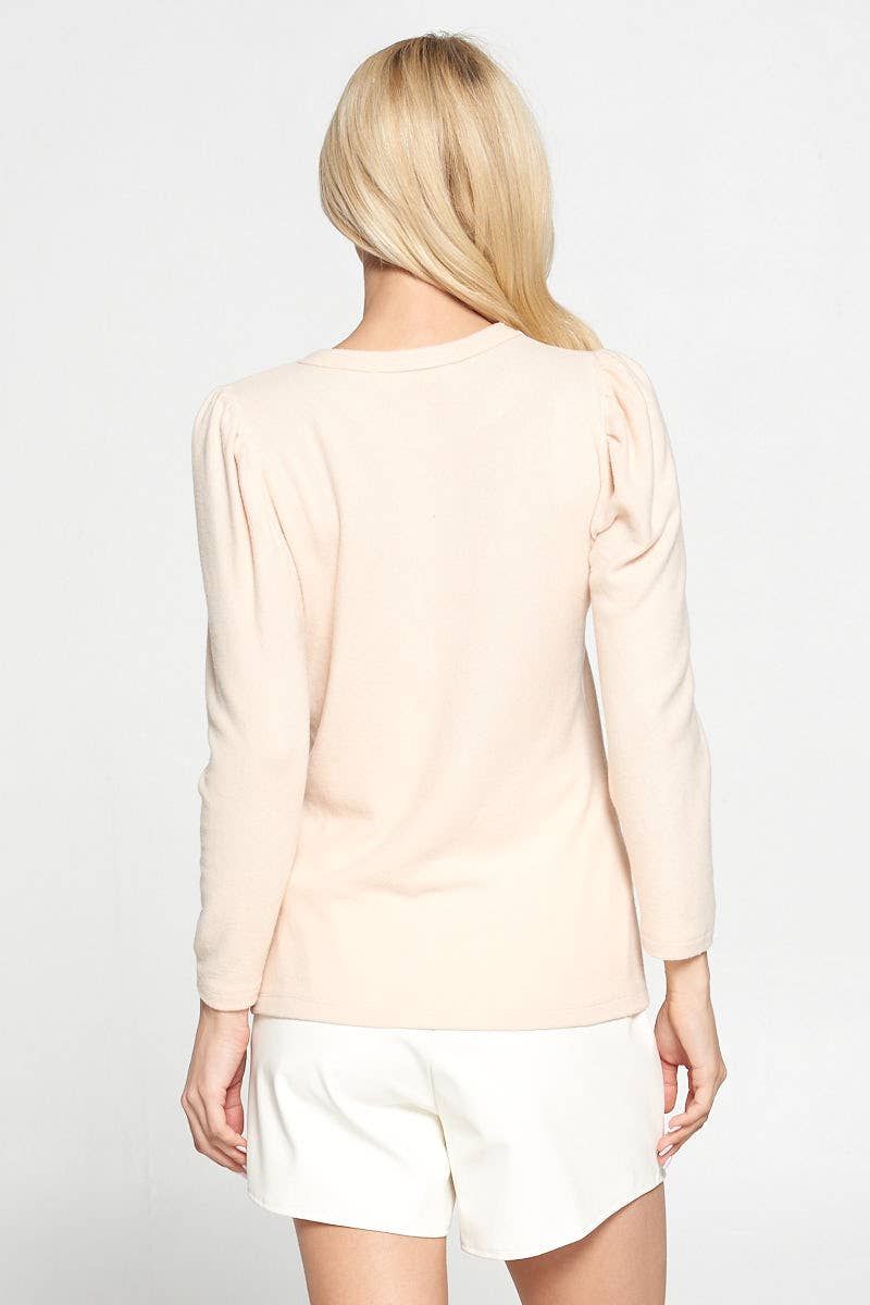 Brushed Knit Top with Puff Sleeve - Pink