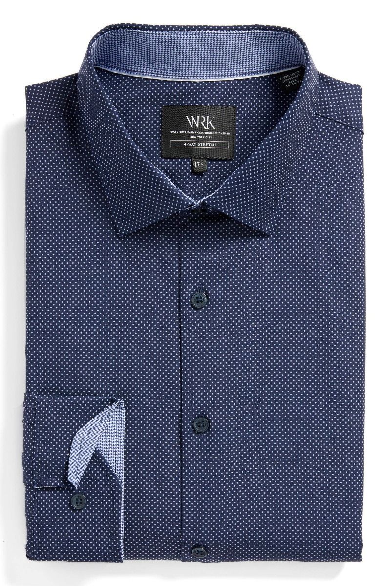 Dot 4-Way Stretch Slim Fit Dress Shirt - Navy