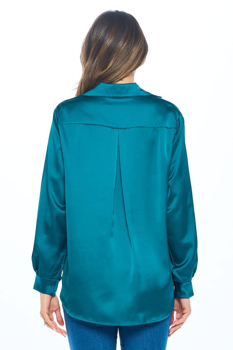 Made in USA Stretch Satin Long Sleeve V neck Top with Collar