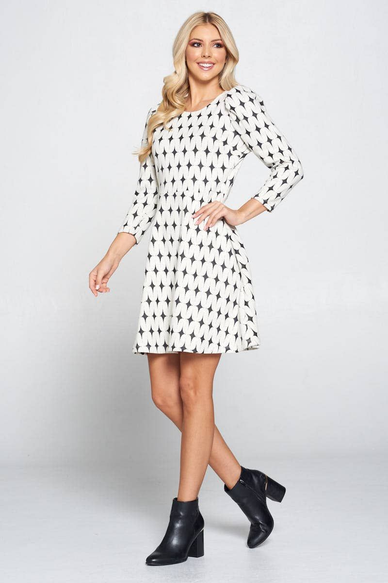 Round Neck Jacquard Dress - IVORY BLACK