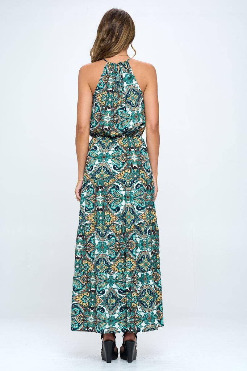 Print Halter Neck Dress - Green