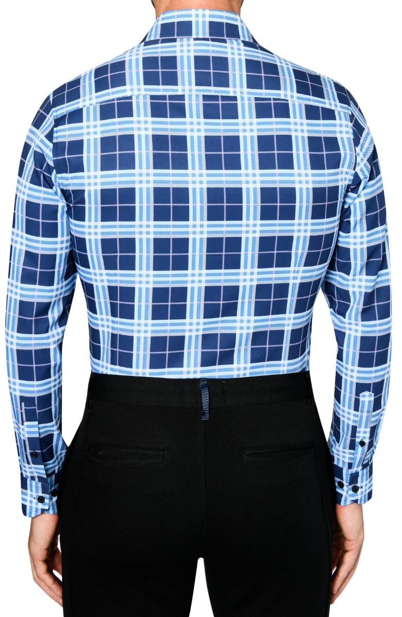 Large Tartan 4-Way Stretch Slim Fit Dress Shirt - Navy