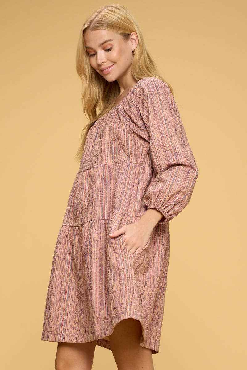 Textured Multi Color Woven Dress - Peach