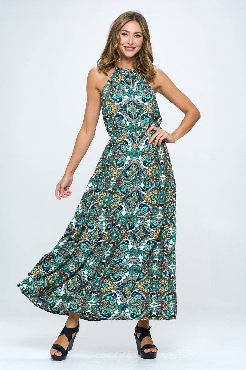 Print Halter Neck Dress - Green
