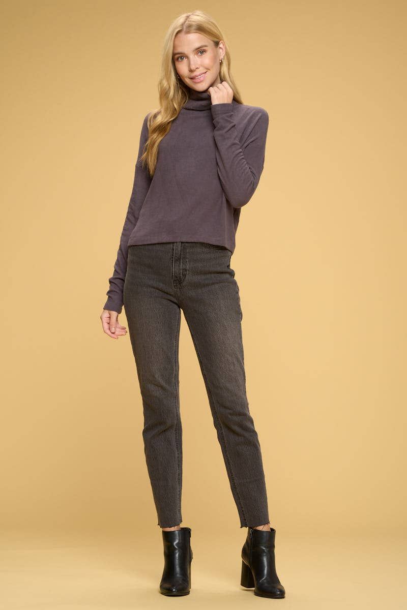 Brushed Knit Cowl Neck Long Sleeve Top - CHARCOAL