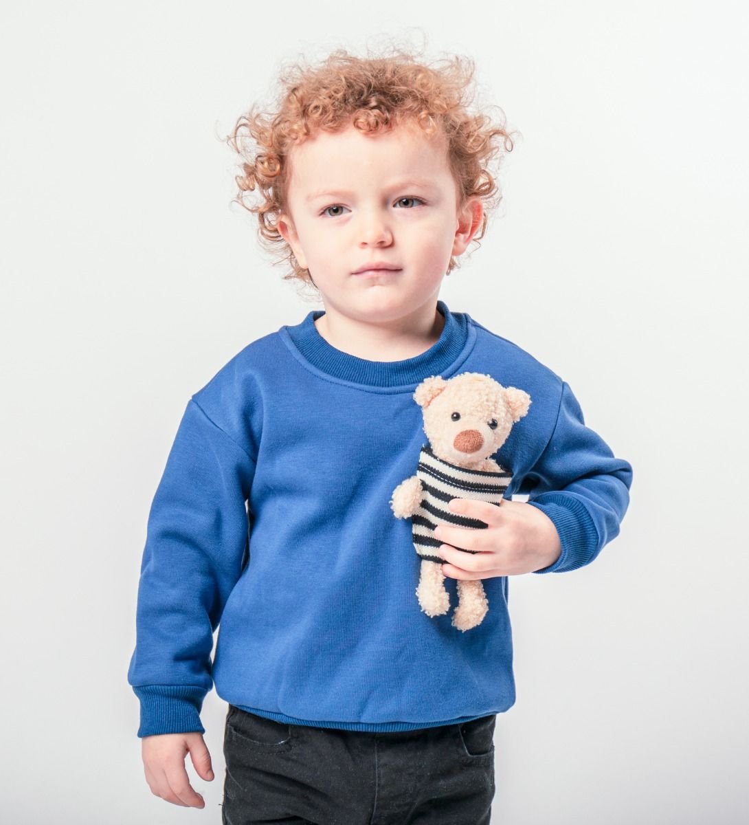LEEZ Kids Round Neck Fleece Sweatshirt With Bear Doll Decoration Blue