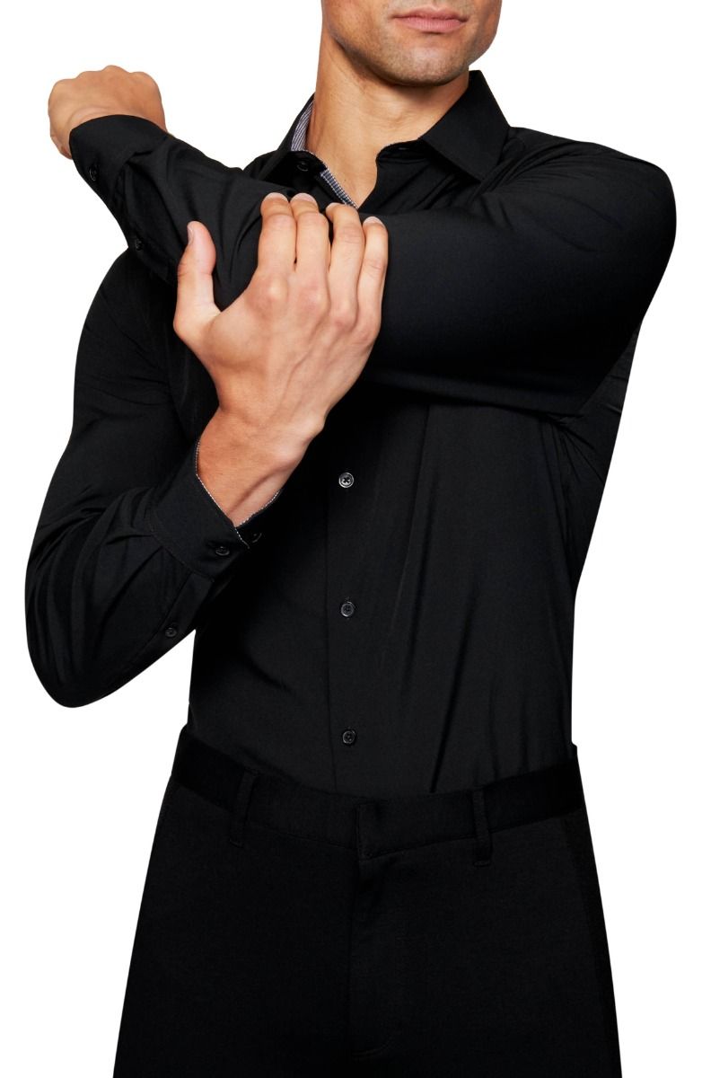 Solid 4-Way Stretch Slim Fit Dress Shirt - Black