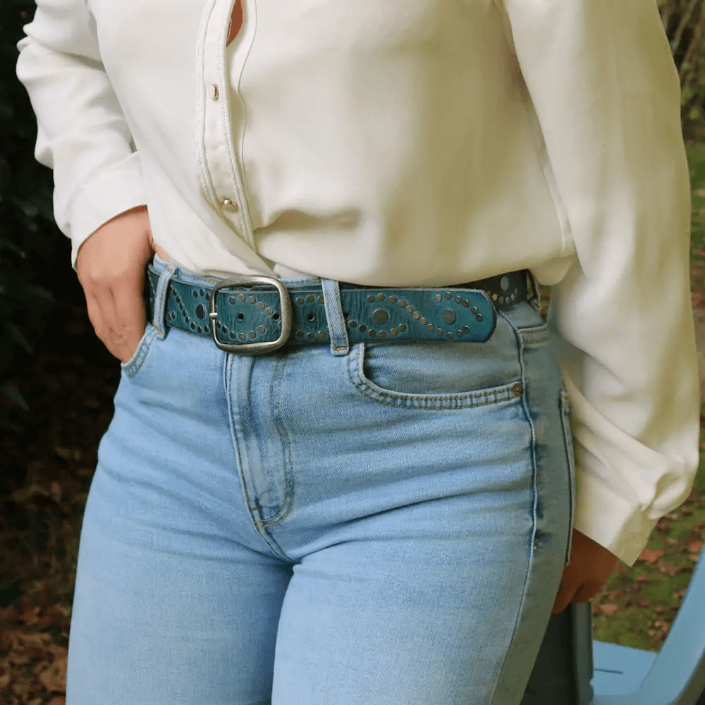 Women's Studded Leather Belt | Antique Silver Studs