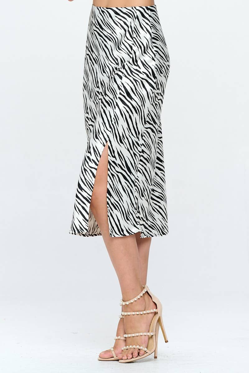 Zebra Print Satin Midi Skirt with Slit
