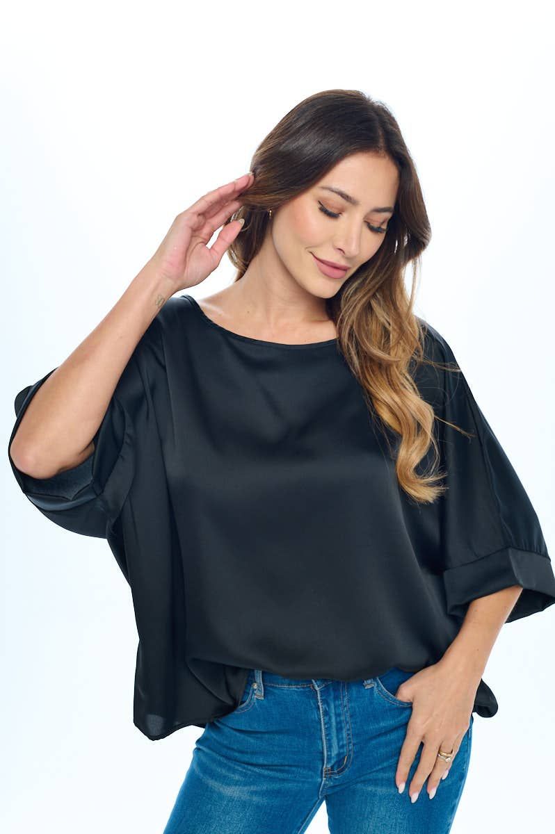 Stretch Satin Solid Round neck Oversize Top - Black