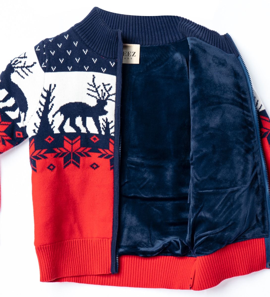 LEEZ Boys Multi-Color Zipper Cotton Sweater With Deer Patterns Navy/ Red