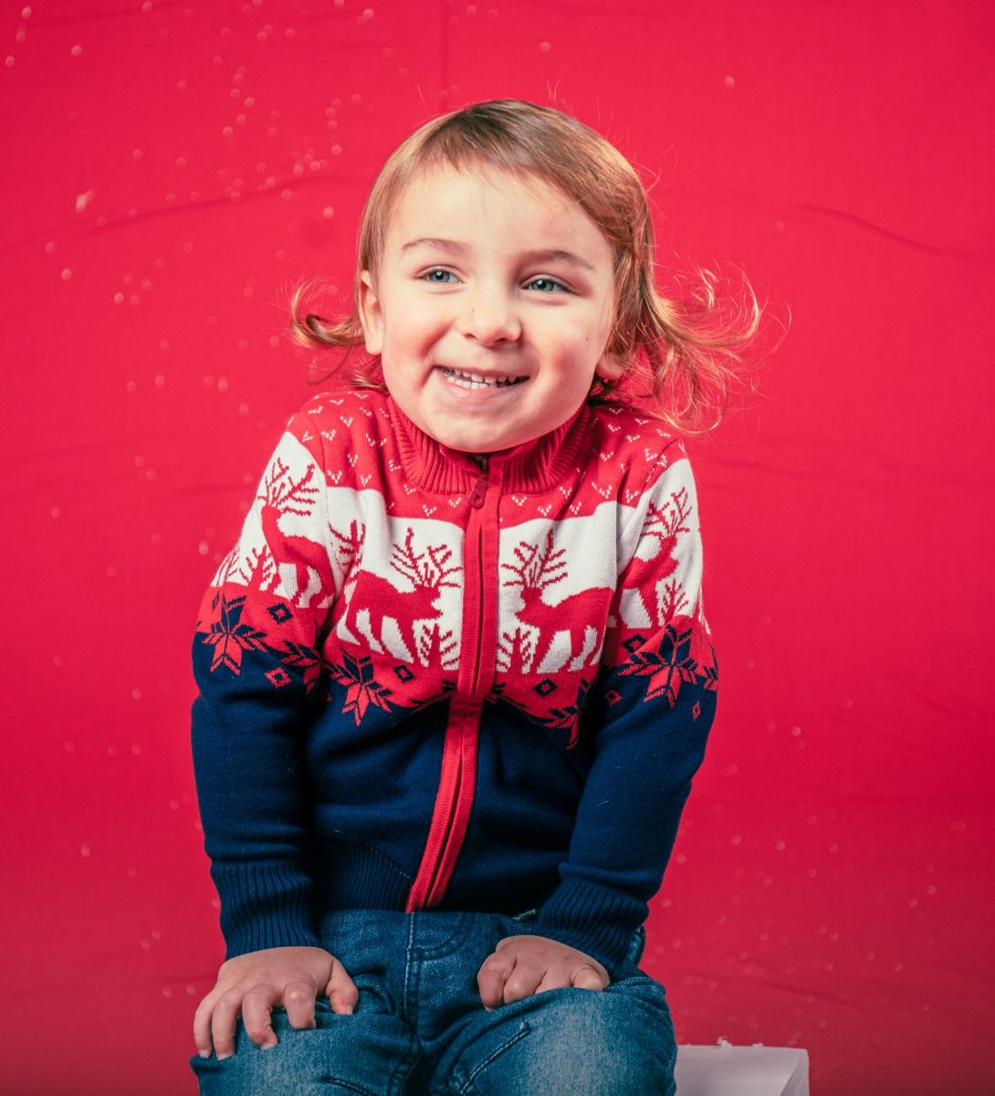 LEEZ Boys Multi-Color Zipper Cotton Sweater With Deer Patterns Red/ Navy