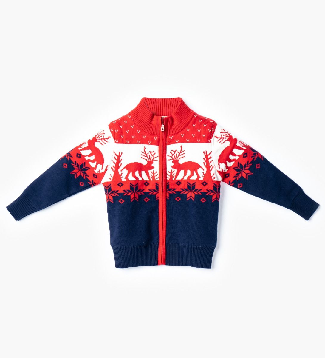 LEEZ Boys Multi-Color Zipper Cotton Sweater With Deer Patterns Red/ Navy