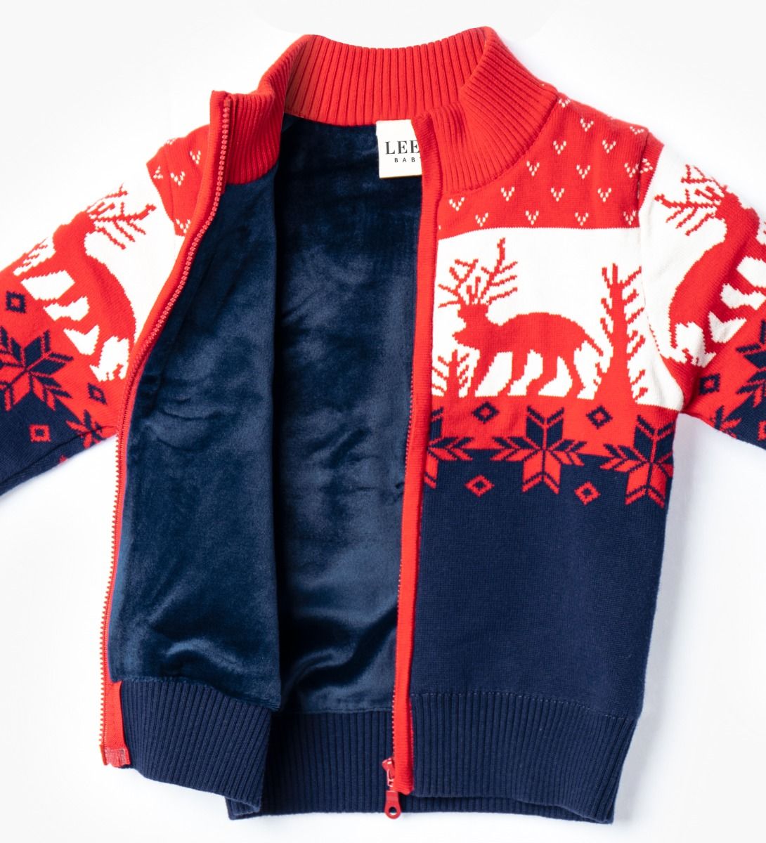 LEEZ Boys Multi-Color Zipper Cotton Sweater With Deer Patterns Red/ Navy