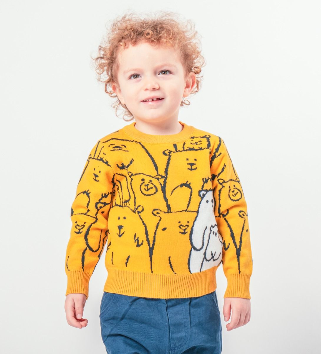 LEEZ Boys Pullover Sweater With Carton Bear Patterns Yellow