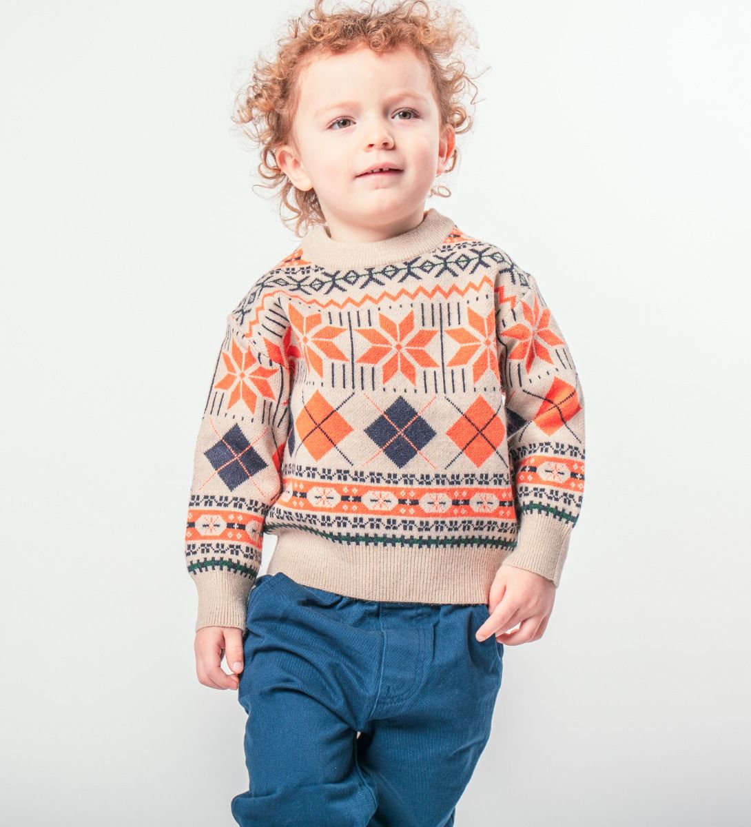 LEEZ Boys Pullover Sweater With Geometric Patterns Beige
