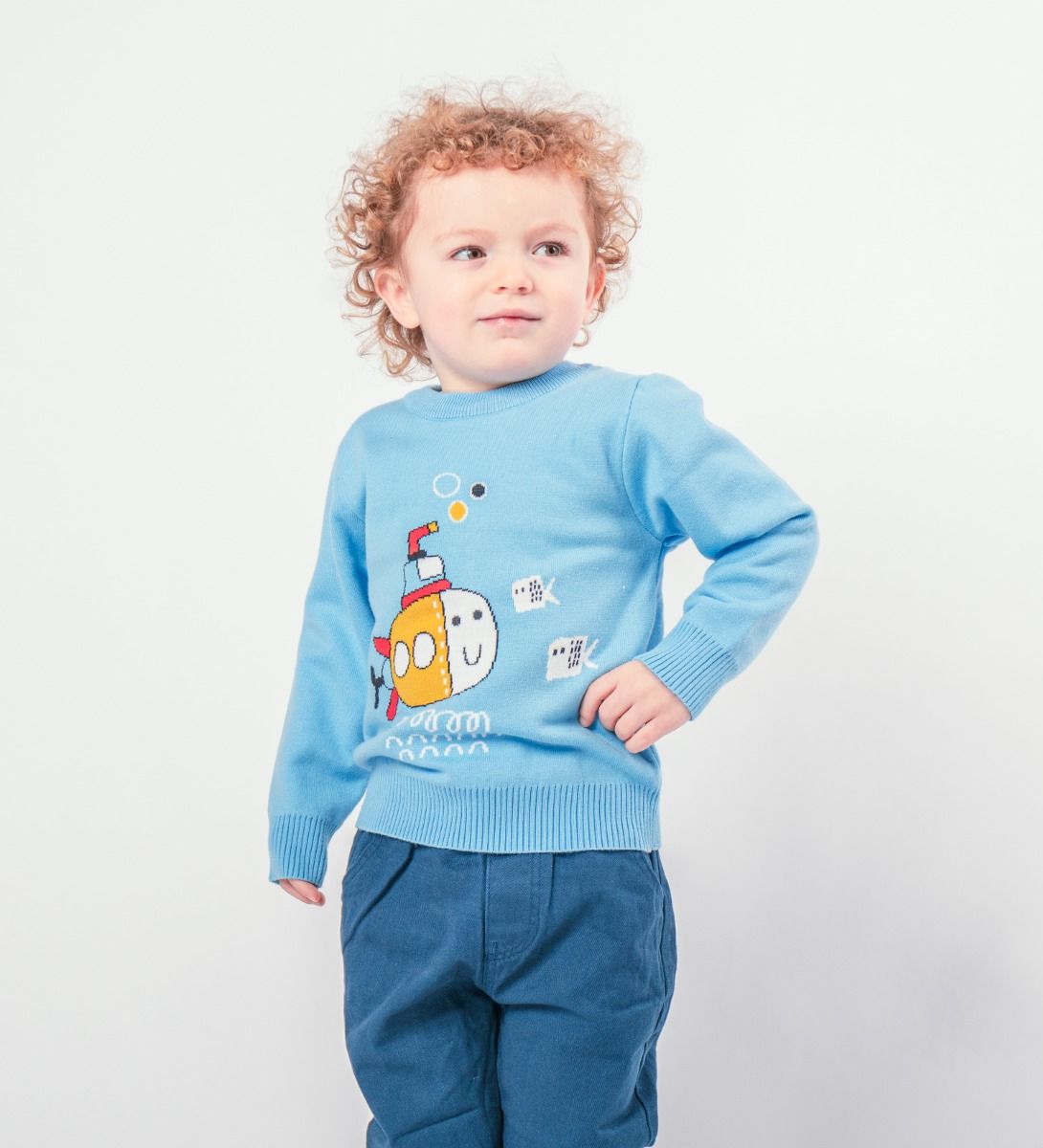 LEEZ Boys Pullover Sweater With Cartoon Pattern Blue