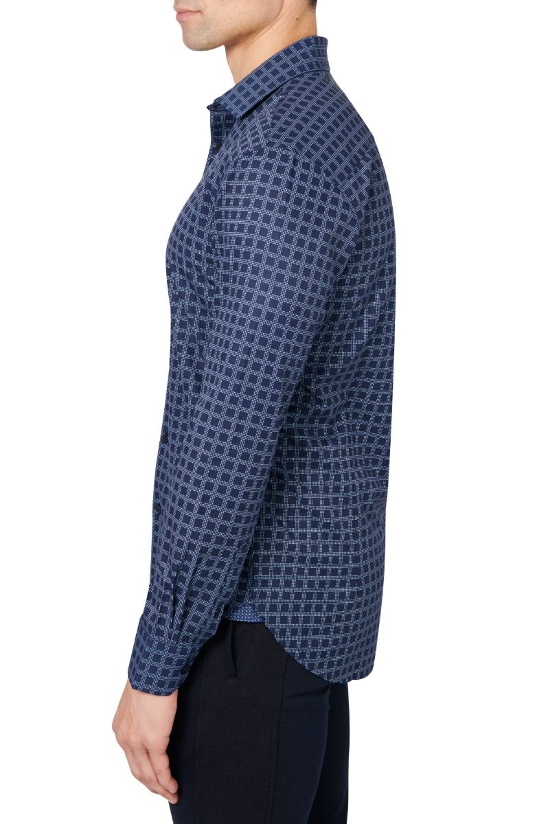 Dotted Check 4-Way Stretch Slim Fit Dress Shirt - Navy
