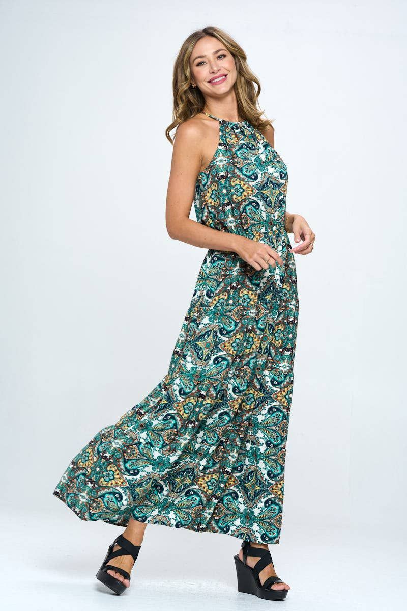 Print Halter Neck Dress - Green