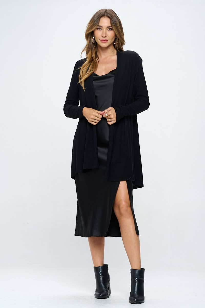 Brushed Knit Draped Cardigan - BLACK