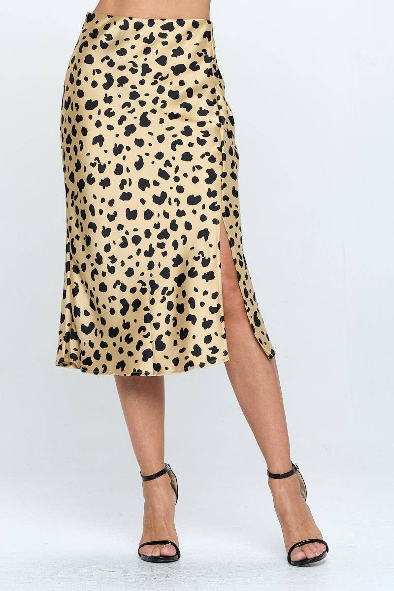 Satin Leopard Print Midi Skirt with Slit - TAUPE/BLACK