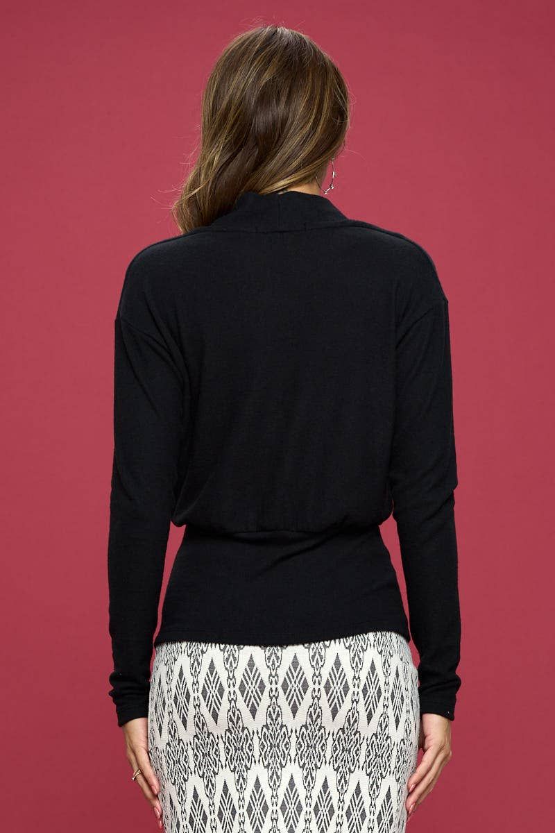 Solid Knit Surplice Top with Banded Bottom - BLACK