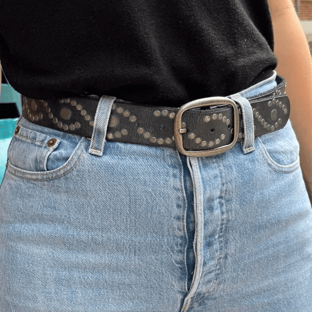 Women's Studded Leather Belt | Antique Silver Studs