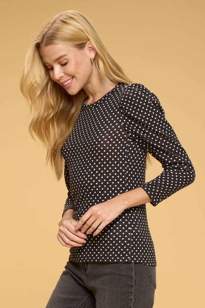 Polka Dot Top with Puff Sleeve - BLACK2