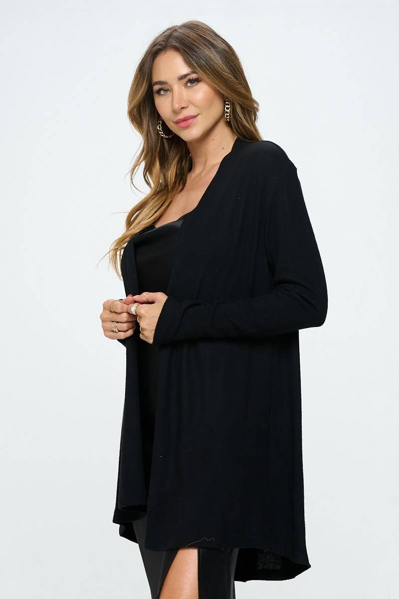 Brushed Knit Draped Cardigan - BLACK