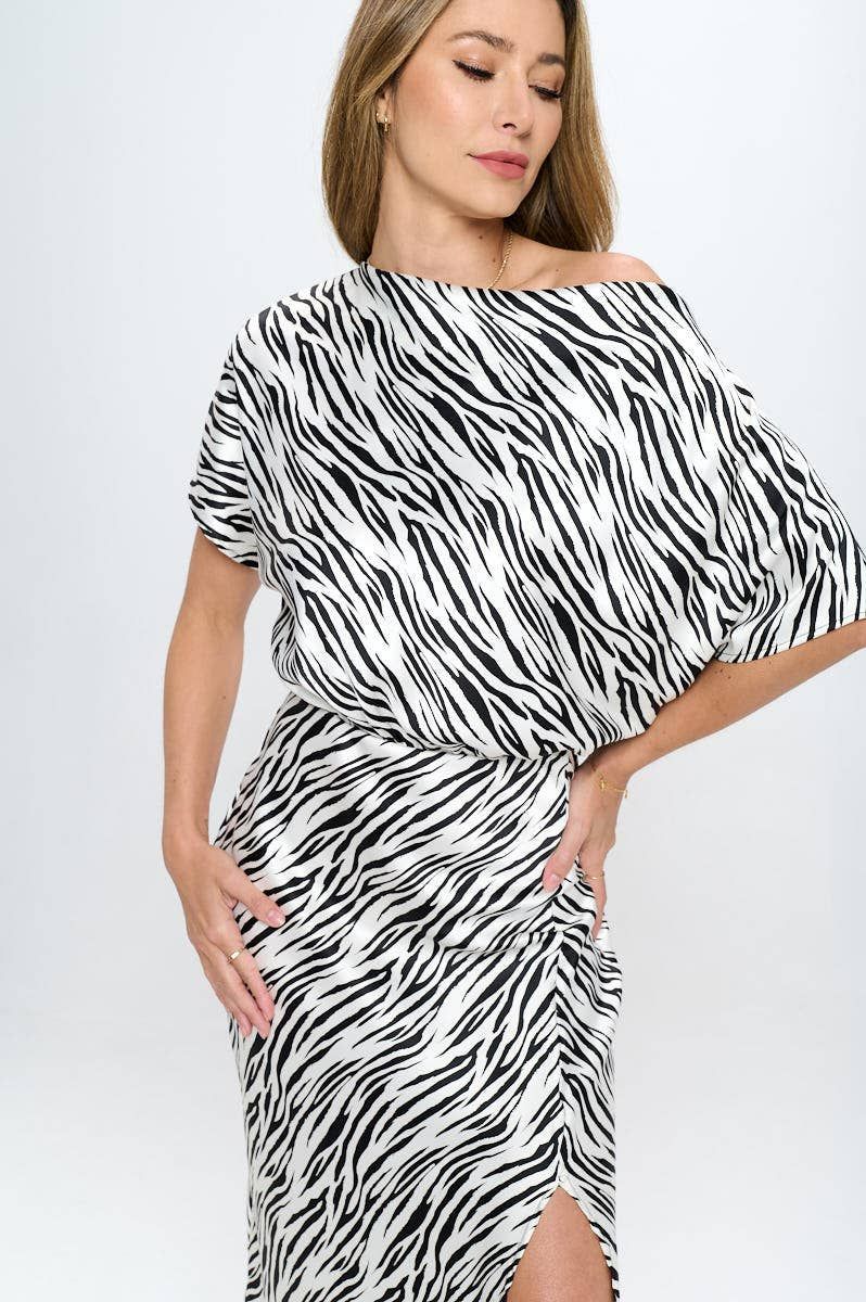 Zebra Print Dress with Slit - WHITE BLACK