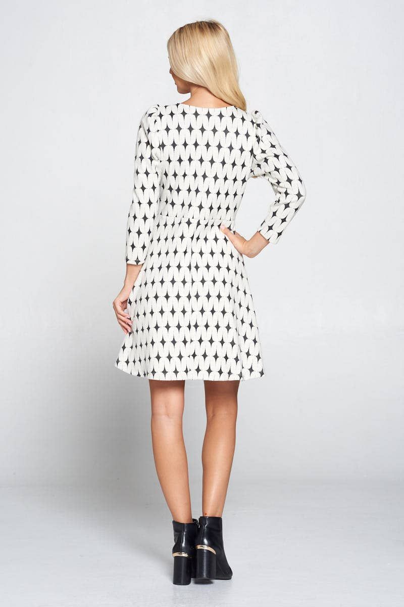 Round Neck Jacquard Dress - IVORY BLACK
