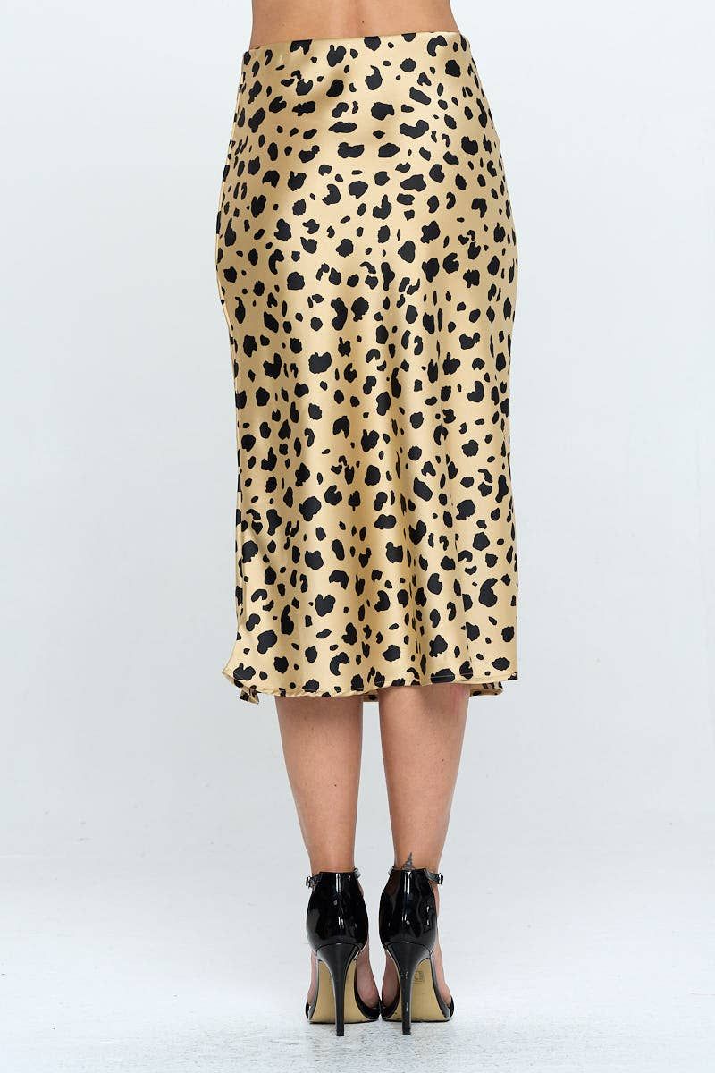 Satin Leopard Print Midi Skirt with Slit - TAUPE/BLACK