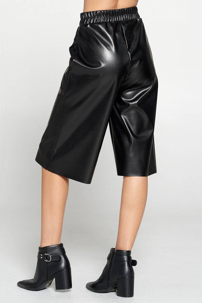 Faux Leather Wide Leg Culotte Pants - Black