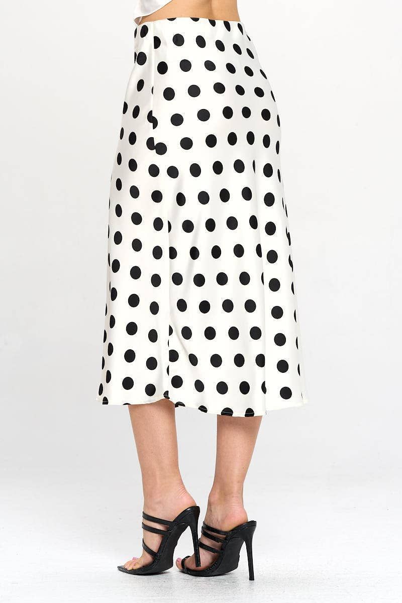 Polka Dot Satin Midi Skirt - WHITE