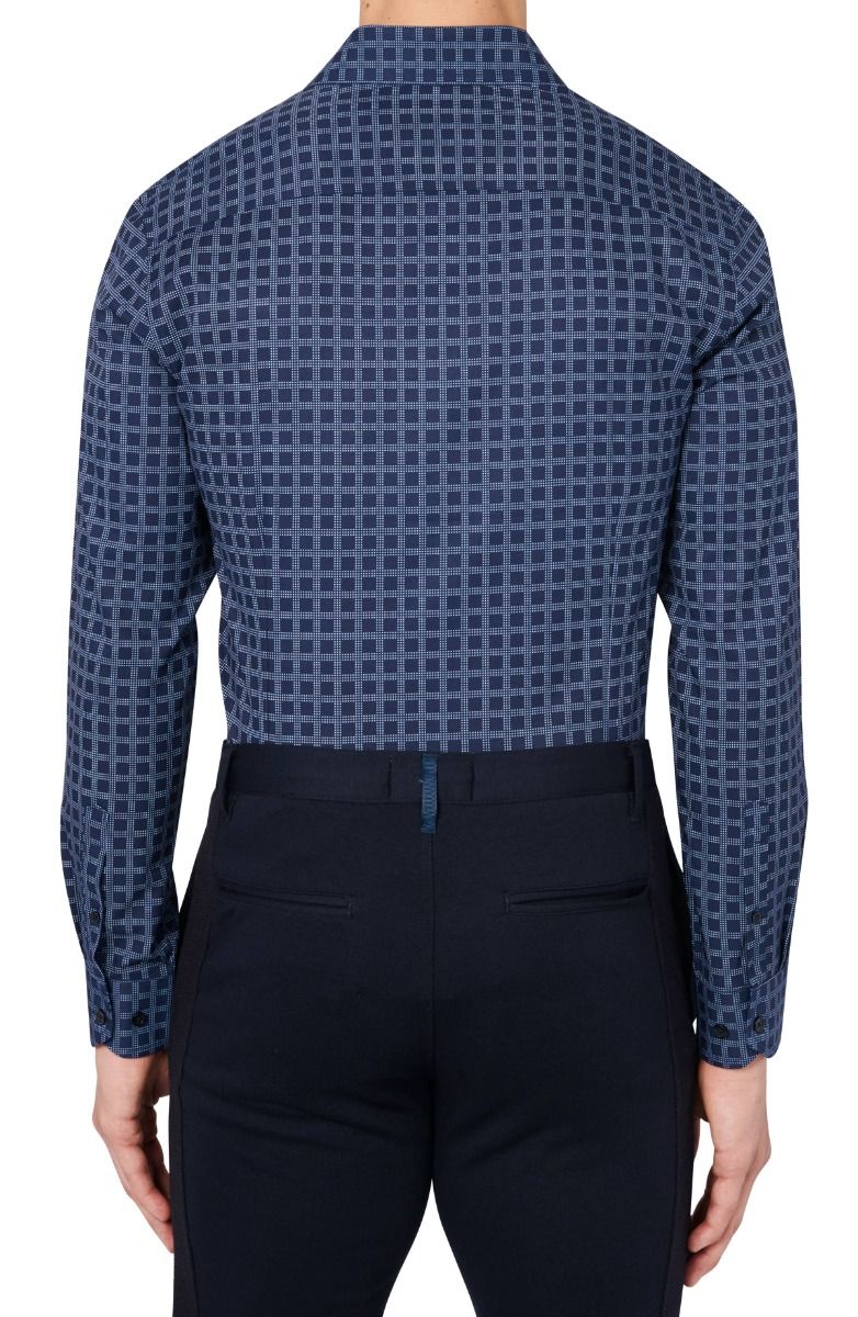 Dotted Check 4-Way Stretch Slim Fit Dress Shirt - Navy
