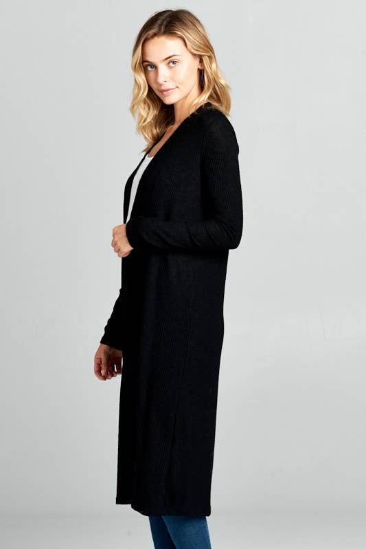 Long Sleeve Ribbed Sweater Cardigan - BLACK