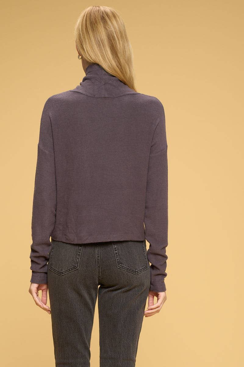 Brushed Knit Cowl Neck Long Sleeve Top - CHARCOAL