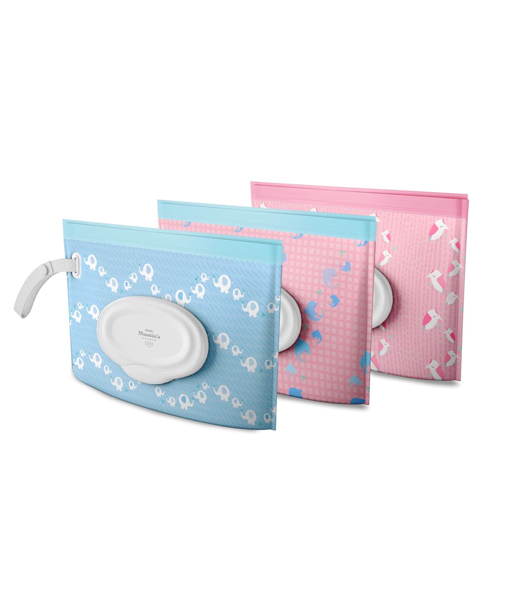 Little Martin’s Wet Wipe Pouch [Set of 3] – Reusable Refillable Clutch Dispenser Holder Case – 30 Wipes