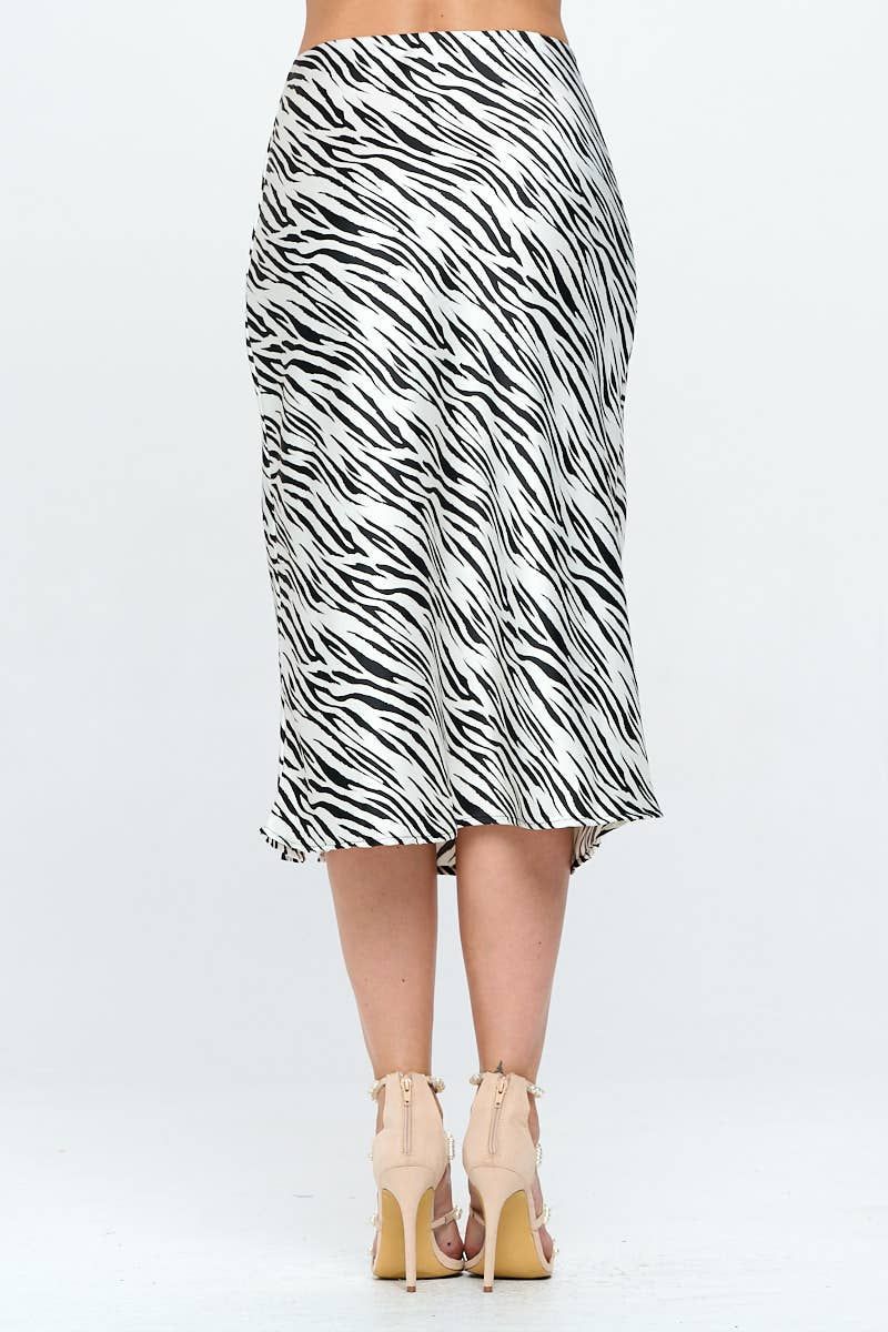 Zebra Print Satin Midi Skirt with Slit