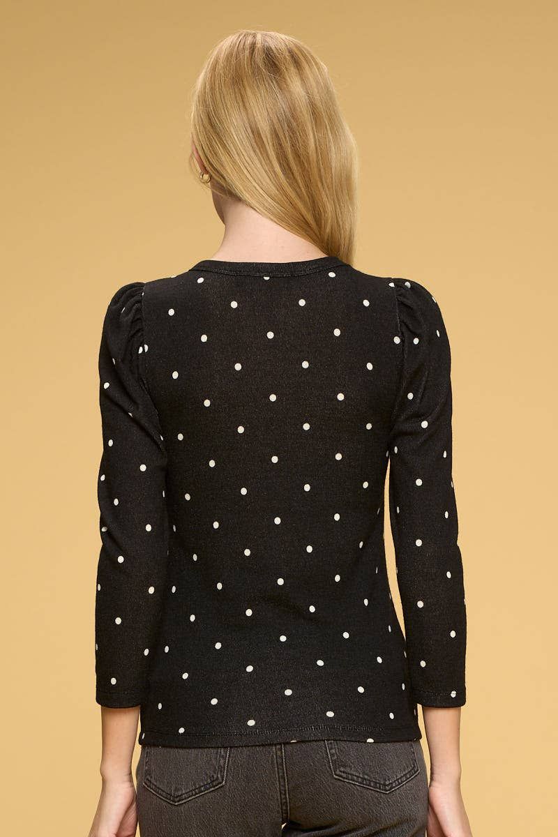 Polka Dot Top with Puff Sleeve - BLACK