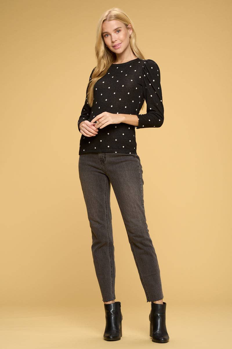 Polka Dot Top with Puff Sleeve - BLACK