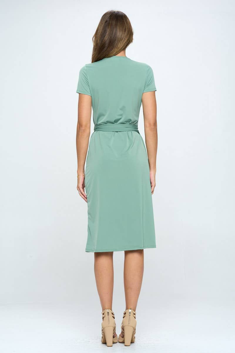 Solid V neck Wrap Dress with Tie - SAGE