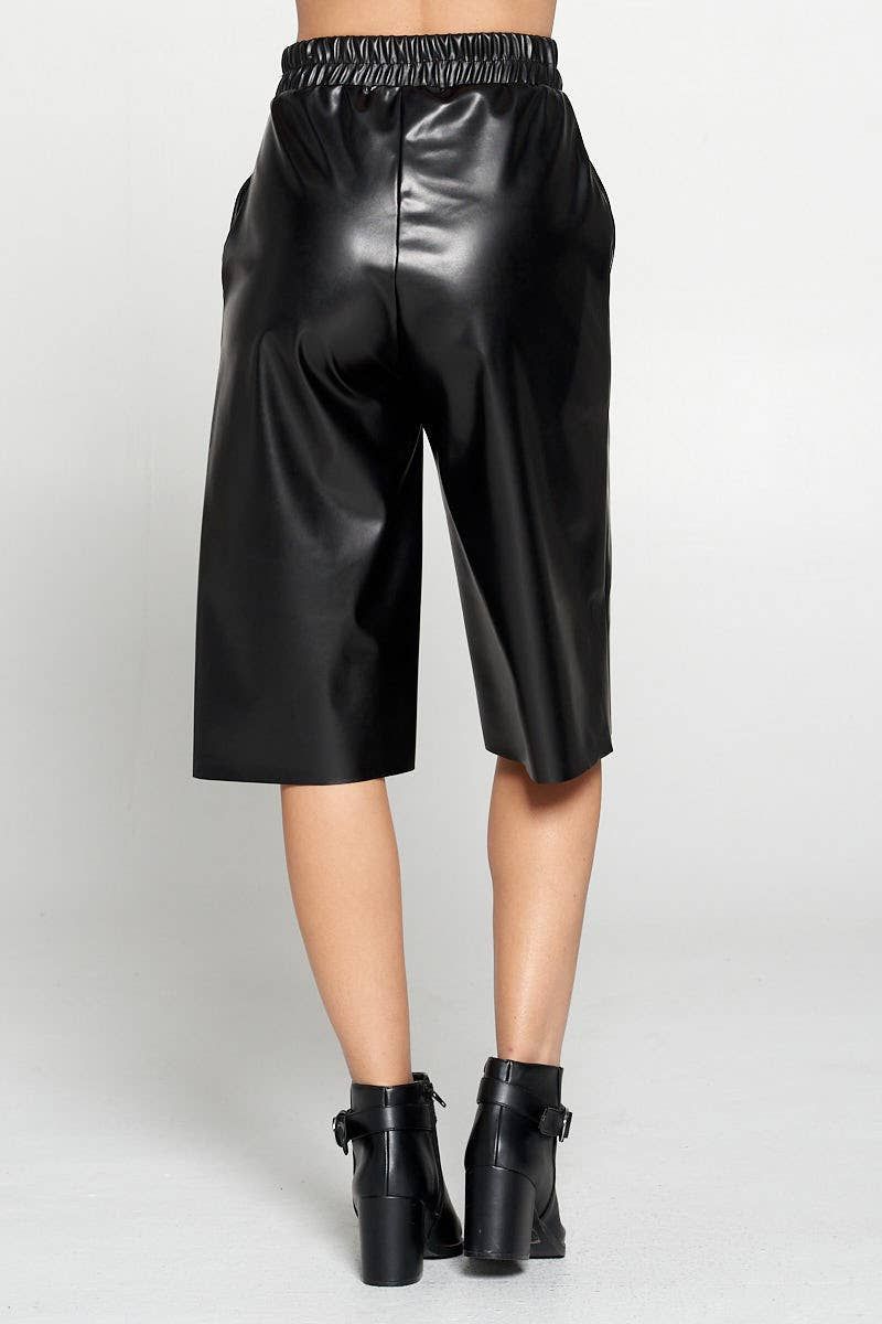 Faux Leather Wide Leg Culotte Pants - Black