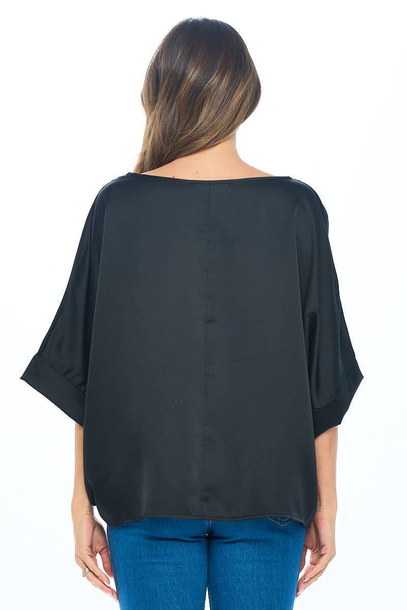 Stretch Satin Solid Round neck Oversize Top - Black