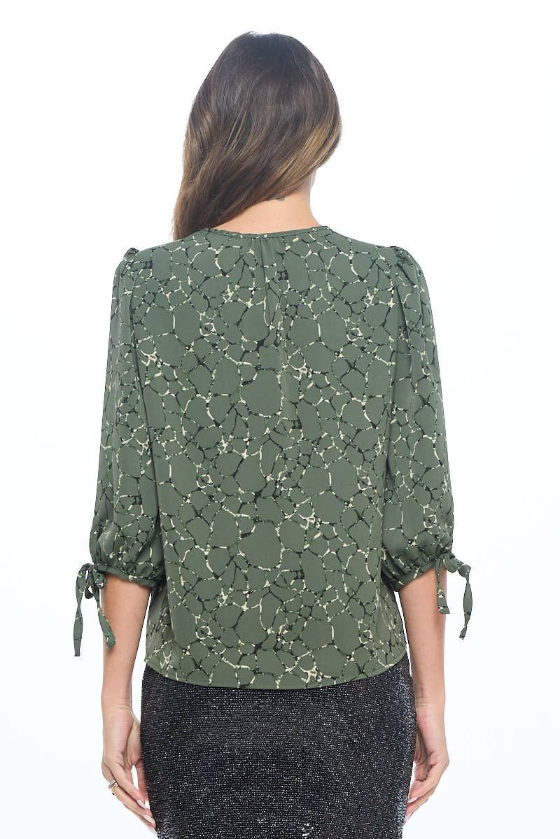 Made in USA Abstract Print V neck Top with Self Tie Sleeves