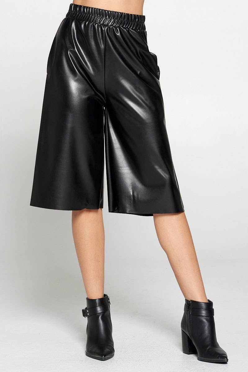 Faux Leather Wide Leg Culotte Pants - Black