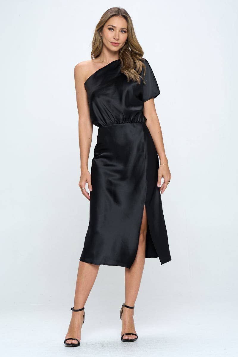 Stretch Satin One Shoulder Dress - BLACK