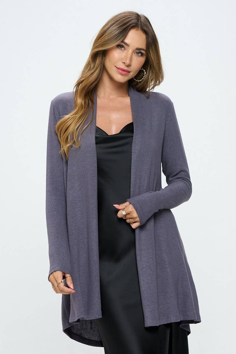 Brushed Knit Draped Cardigan - DARK CEMENT