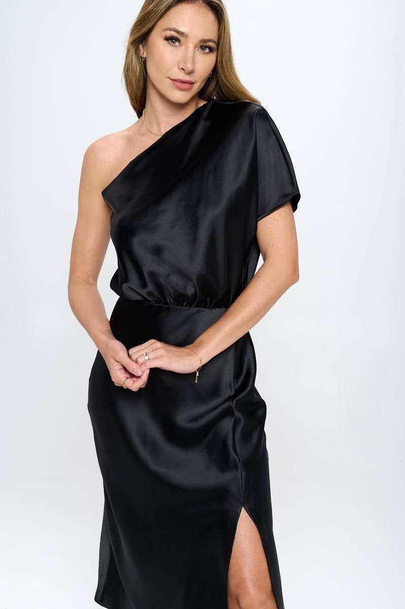 Stretch Satin One Shoulder Dress - BLACK