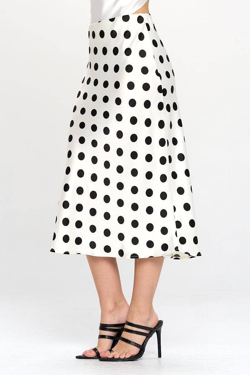 Polka Dot Satin Midi Skirt - WHITE